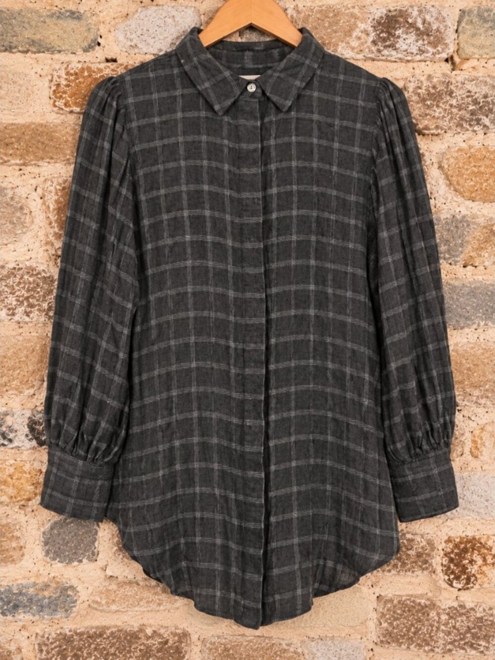 Something Navy M Plaid Checked Blouse Shirt Top Flowy Puffed Sleeve Gray White